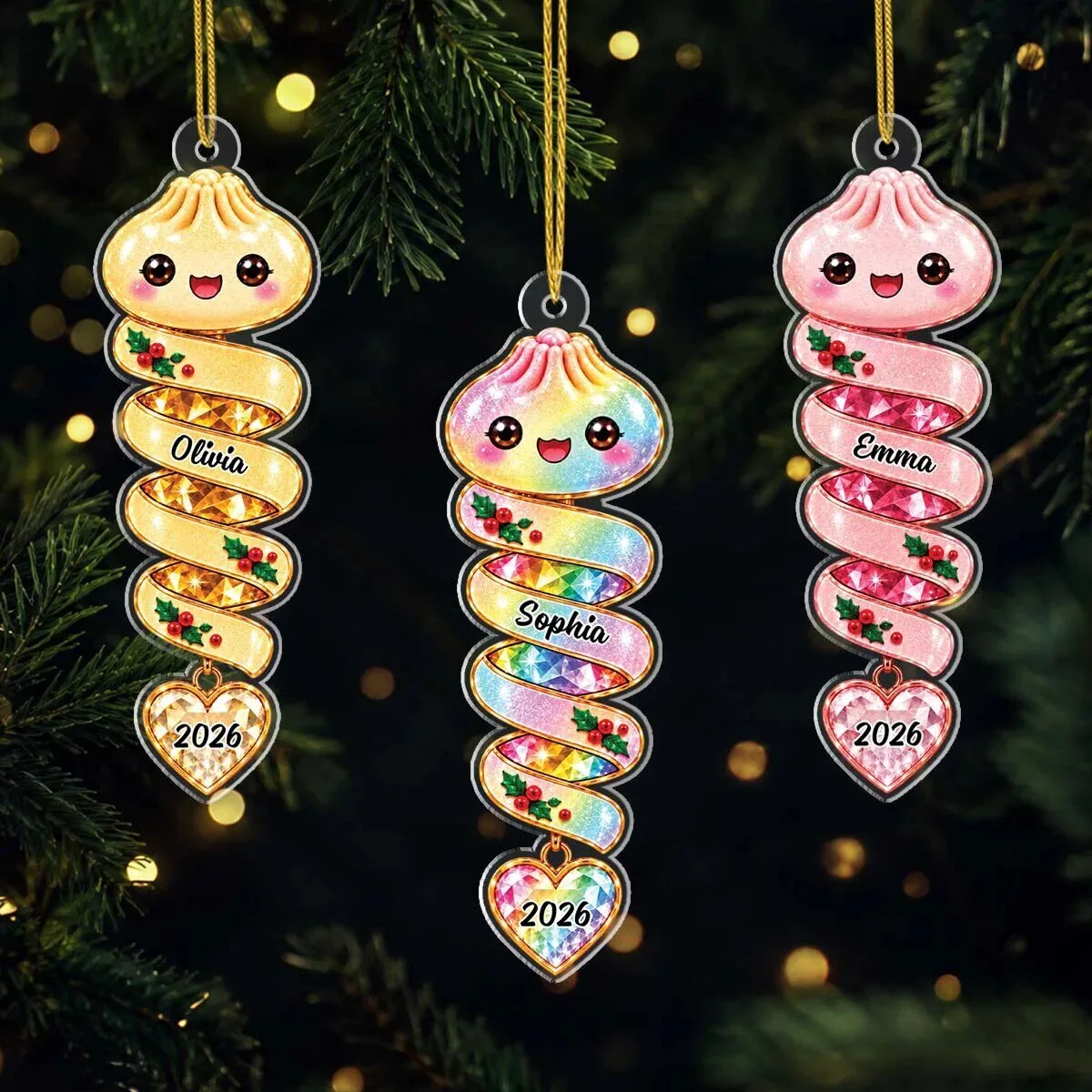 Personalized Dumpling Character Christmas Tree Ornament - Custom Name Holiday Decor
