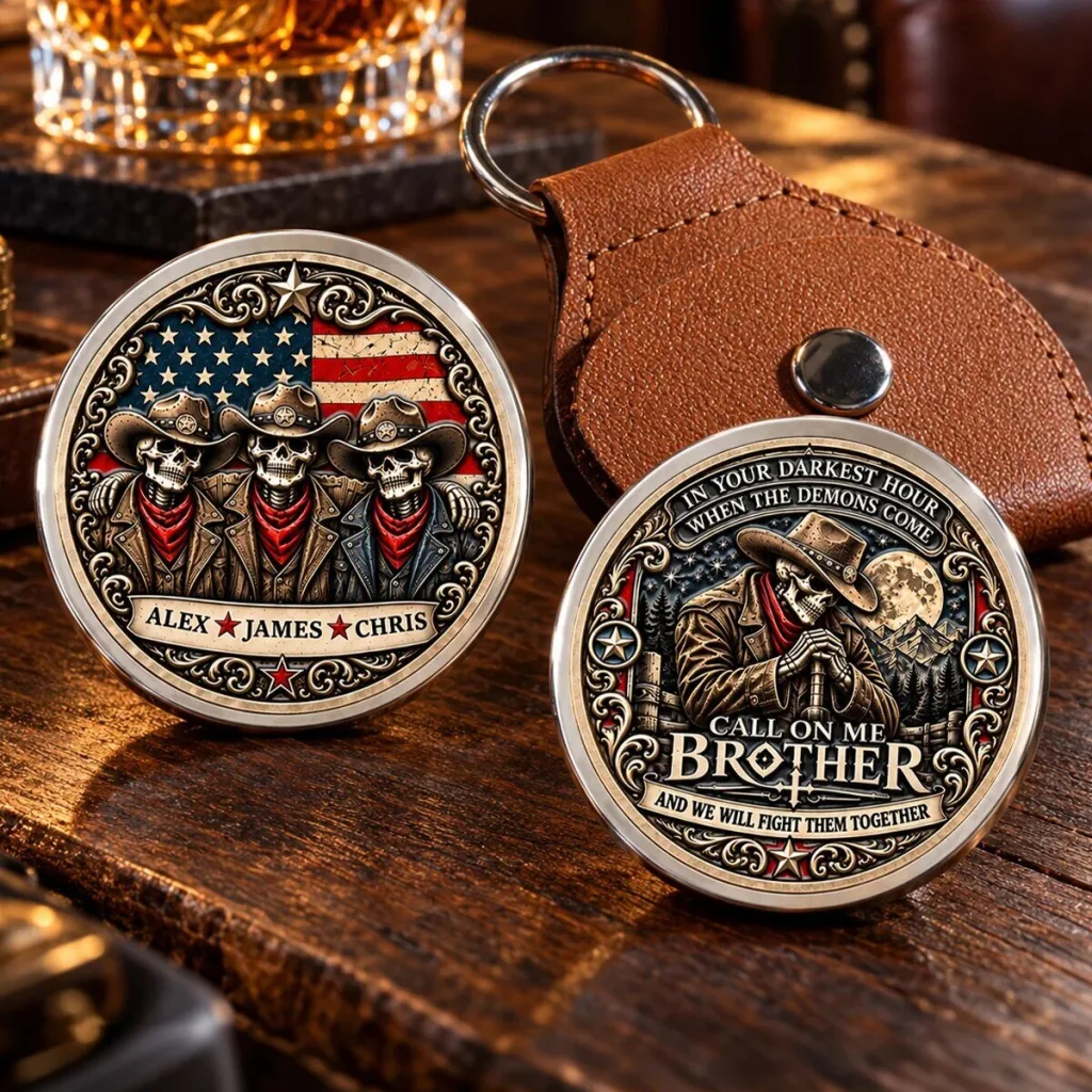 Personalized Cowboy Skeletons American Flag Call On Me Brother Coin Keychain Personalized Cowboy Skeletons American Flag Call On Me Brother Coin Keychain