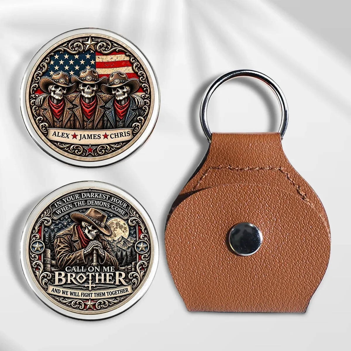 Personalized Cowboy Skeletons American Flag Call On Me Brother Coin Keychain 10 Personalized Cowboy Skeletons American Flag Call On Me Brother Coin Keychain