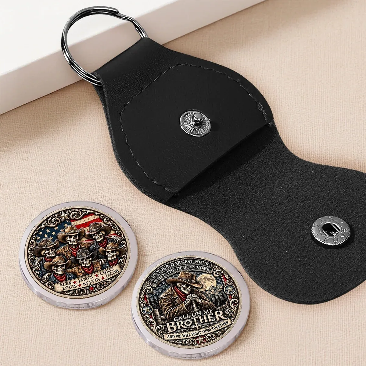 Personalized Cowboy Skeletons American Flag Call On Me Brother Coin Keychain 12 Personalized Cowboy Skeletons American Flag Call On Me Brother Coin Keychain