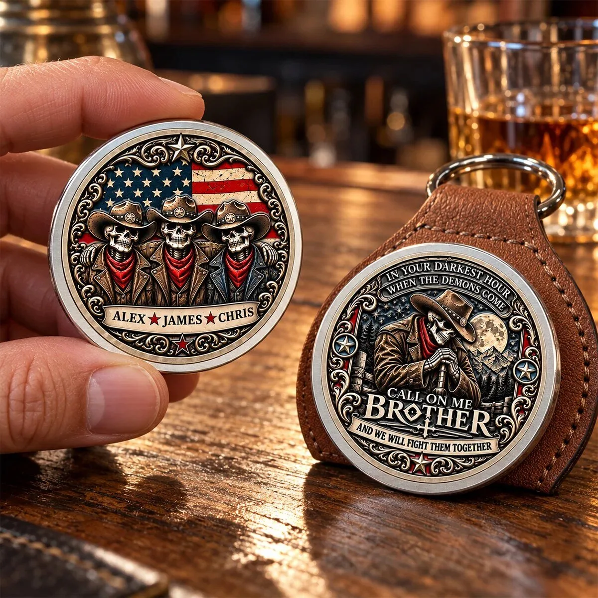 Personalized Cowboy Skeletons American Flag Call On Me Brother Coin Keychain 13 Personalized Cowboy Skeletons American Flag Call On Me Brother Coin Keychain
