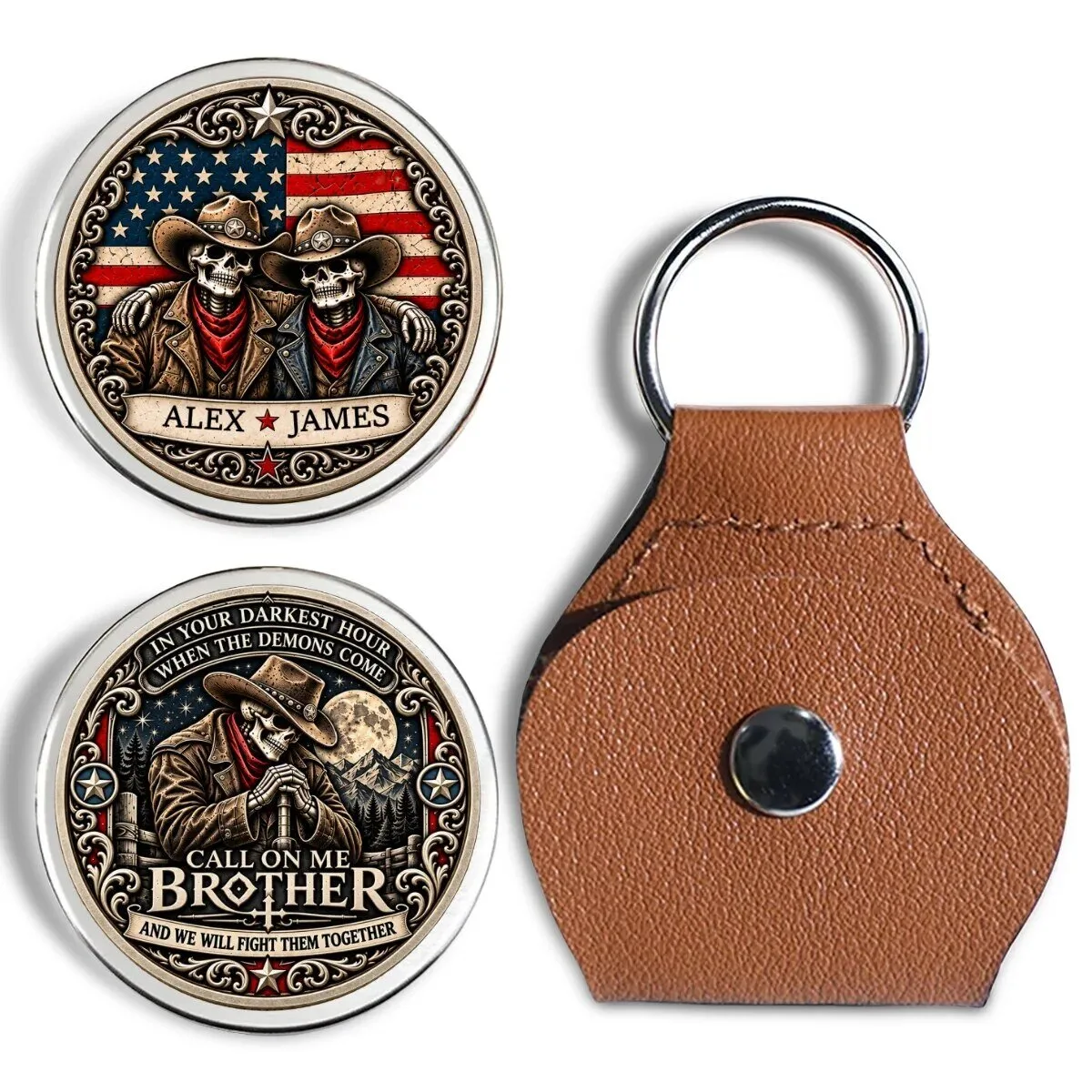Personalized Cowboy Skeletons American Flag Call On Me Brother Coin Keychain 16 Personalized Cowboy Skeletons American Flag Call On Me Brother Coin Keychain