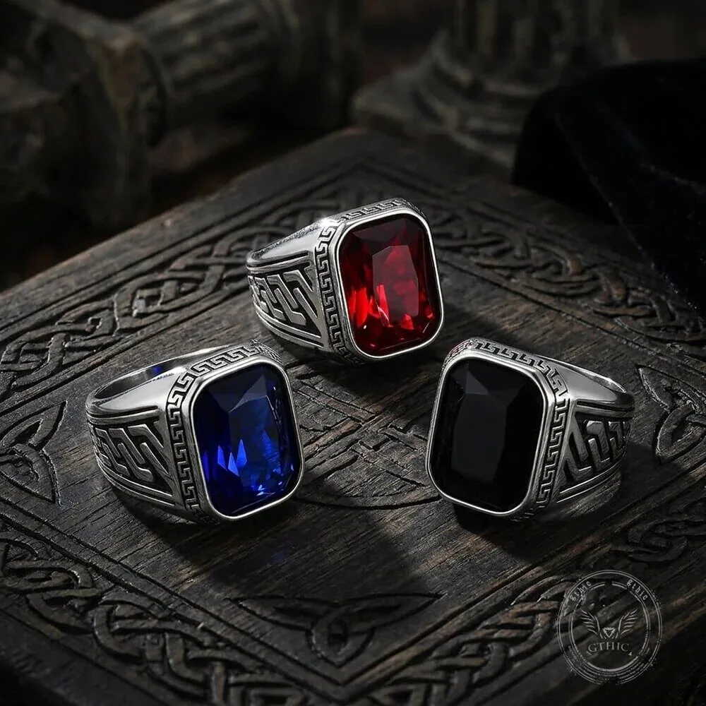 Vintage Greek Key Pattern Stainless Steel Gemstone Ring