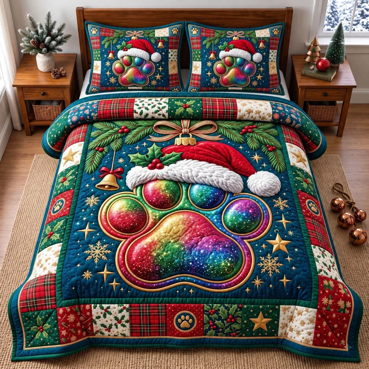 Christmas Santa Paws Rainbow Paw Print Holiday Quilted Bedding Set
