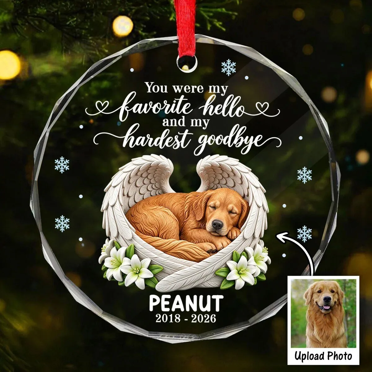 Personalized Golden Retriever Pet Memorial Angel Wings Glass Christmas Ornament
