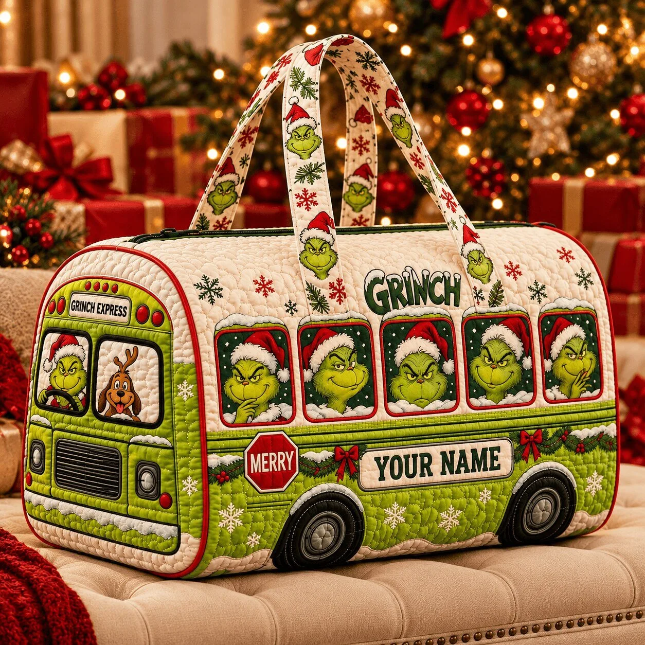 Grinch Express Christmas Quilted Duffle Bag Custom Name Holiday Travel Gift