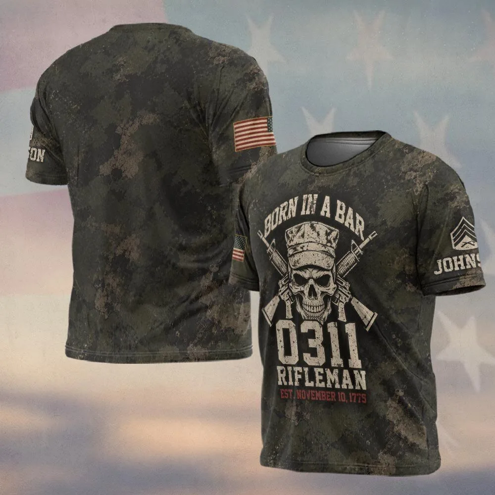 United States Marine Corps 0311 Rifleman Born In A Bar Camouflage T-Shirt