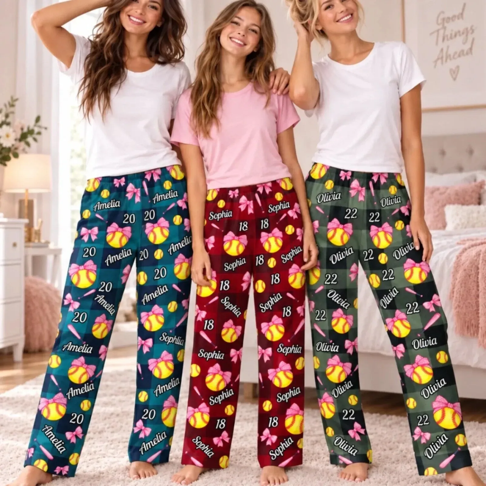 Personalized Softball Player Name and Number Pajama Pants for Women
