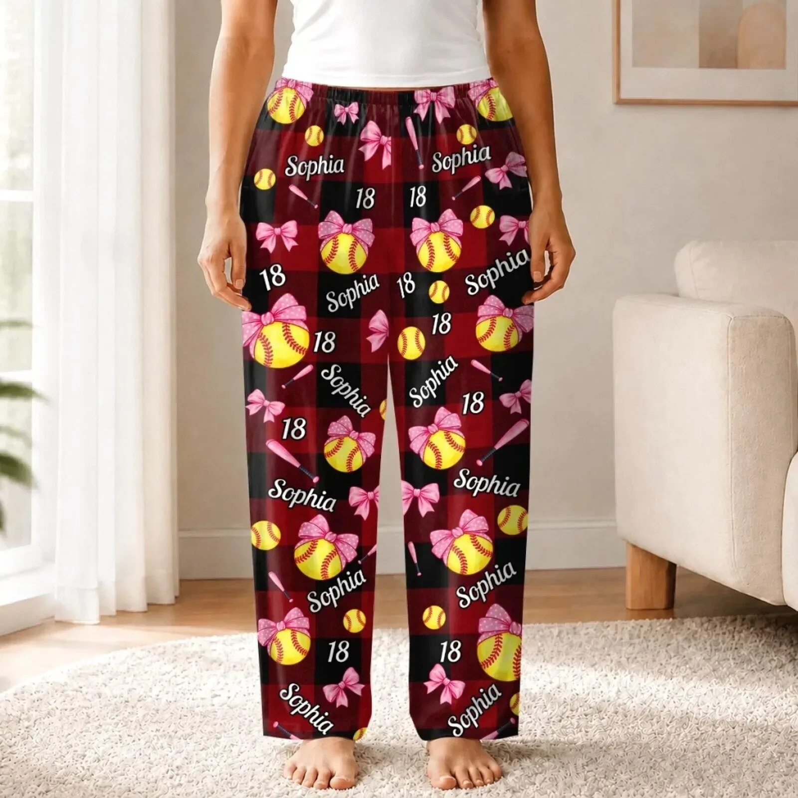 Personalized Softball Player Name and Number Pajama Pants for Women 9 Personalized Softball Player Name and Number Pajama Pants for Women