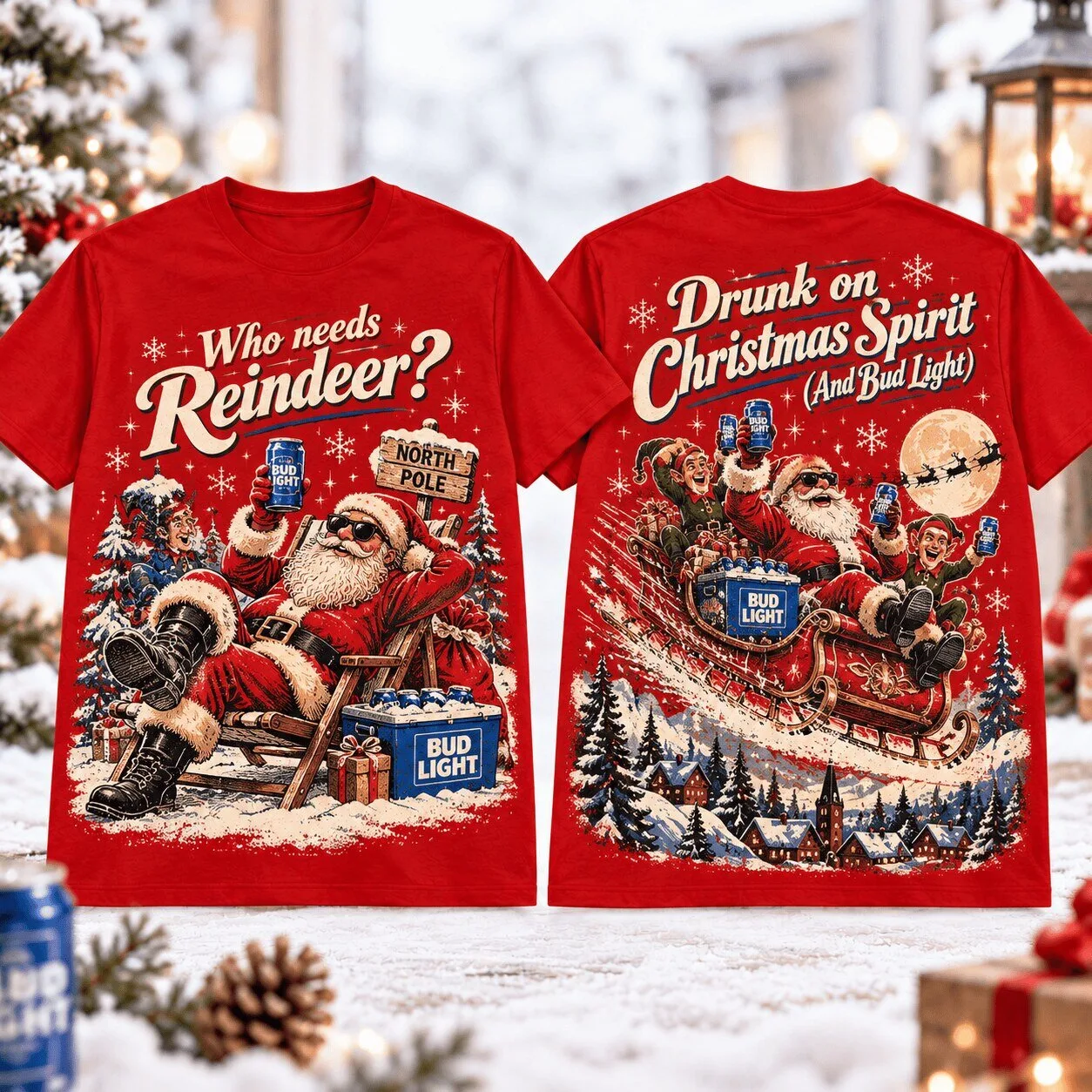 Bud Light Santa Claus Christmas Party Holiday Red T-Shirt for Men and Women