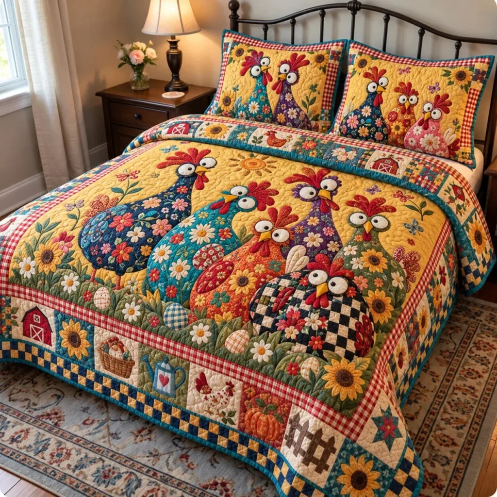 Farmhouse Chicken Quilted Bedding Set Farmhouse Chicken Quilted Bedding Set